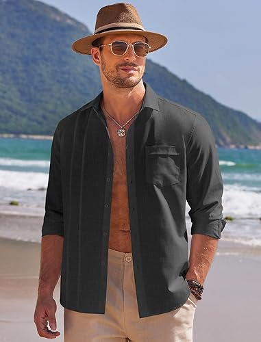 Miniatura 4 de COOFANDY Camisas de lino para hombre, camisas cubanas de guayabera, camisas de vestir de manga larga, camisas de playa para boda