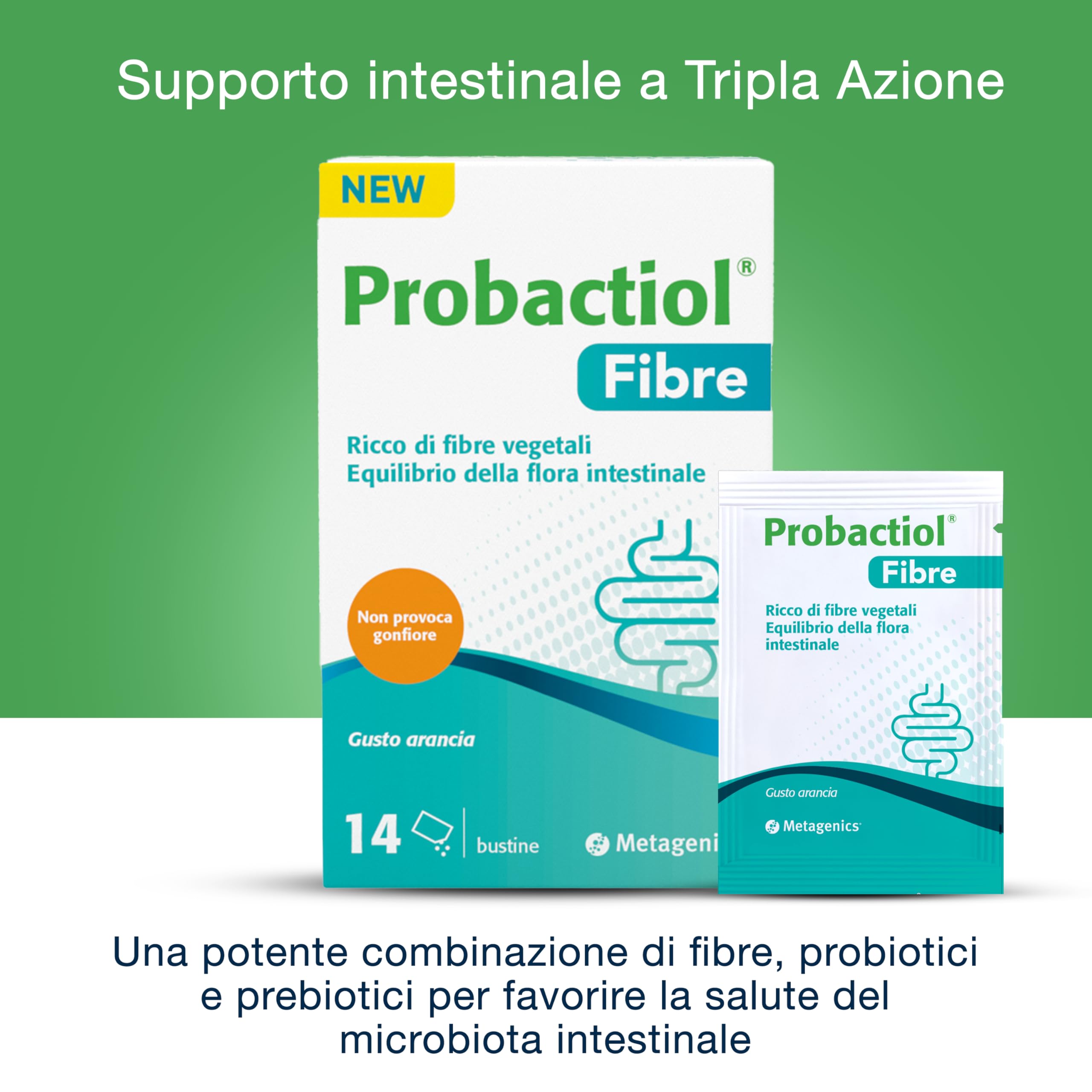 Metagenics Probactiol Fibre - Integratore per il supporto intestinale 3-in-1 con fibre, batteri vivi e vitamina B2 - Gusto arancia, 28 bustine