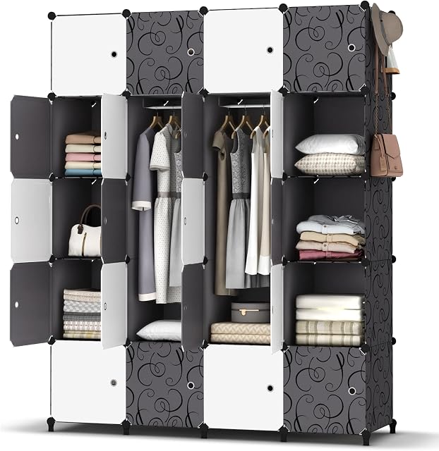 HOMIDEC Portable Wardrobe 20 Cube Closet with 3 Clothes Hanging Rails, 14"x18" Deeper Cube Combination Armoire Modular Cabinet Storage Organizer for Bedroom Clothes Shoes Toys, Black & White