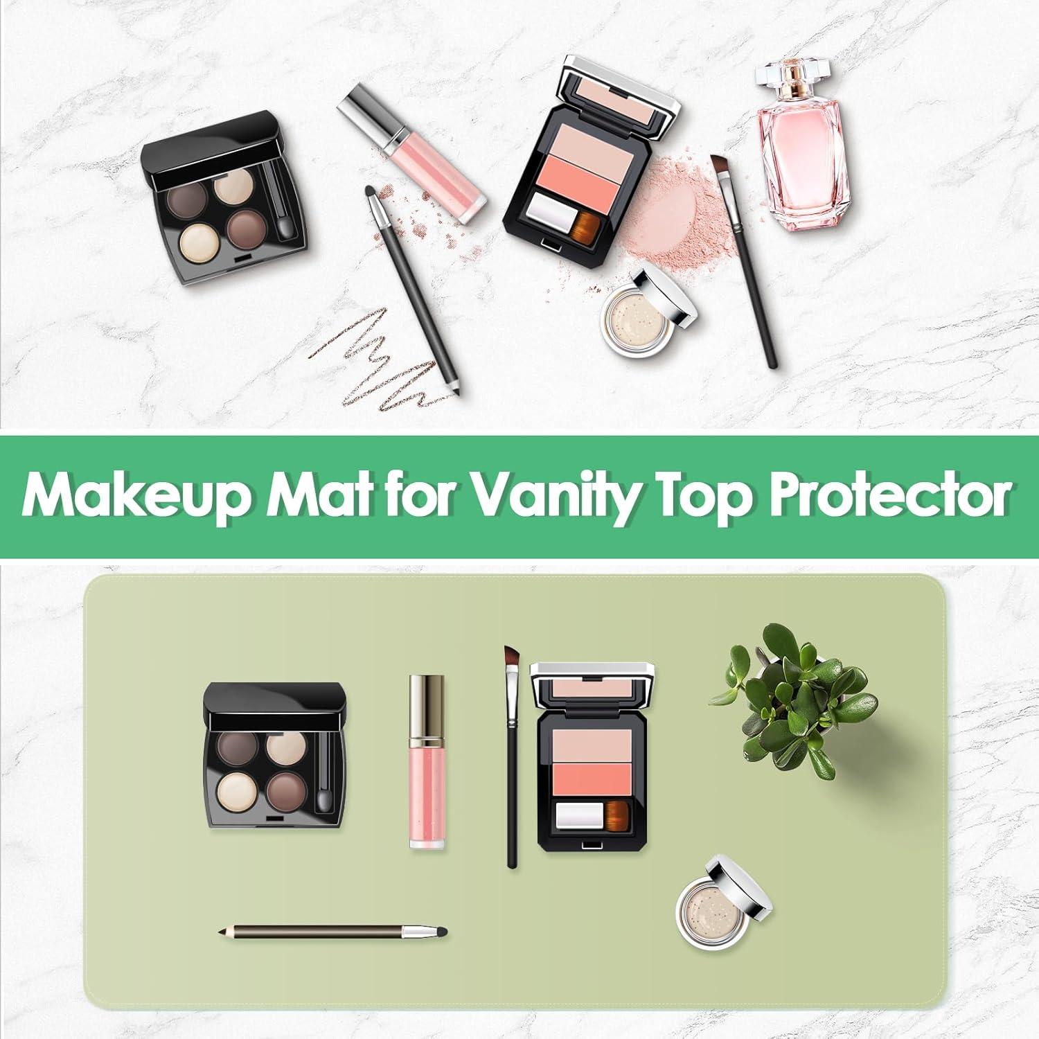Makeup Mat for Vanity to Protect Desk Top 31.5 x 15.7 in, Dual-Sided Makeup Mat, Easy to Clean Desk Pad - Waterproof and Oilproof Vanity Accessories (Sage Green and Blue)