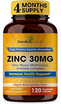 SANDHUHERBALS Zinc 30mg Capsules for Men & Women | 120 Count Pack of 1 | Zinc Supplements for Immune & Antioxidant Support | Zink 30 mg Supplement Supports Skin Health