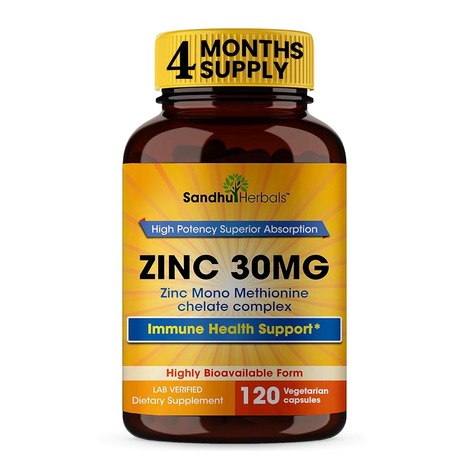 SANDHUHERBALS Zinc 30mg Capsules for Men Women 120 Count Pack of 1 Zinc Supplements for Immune Antioxidant Support