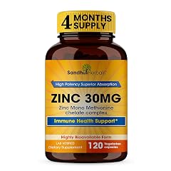 SANDHUHERBALS Zinc 30mg Capsules for Men Women 120 Count Pack of 1 Zinc Supplements for Immune Antioxidant Support