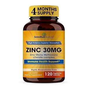 SANDHUHERBALS Zinc 30mg Capsules for Men Women 120 Count Pack of 1 Zinc Supplements for Immune Antioxidant Support