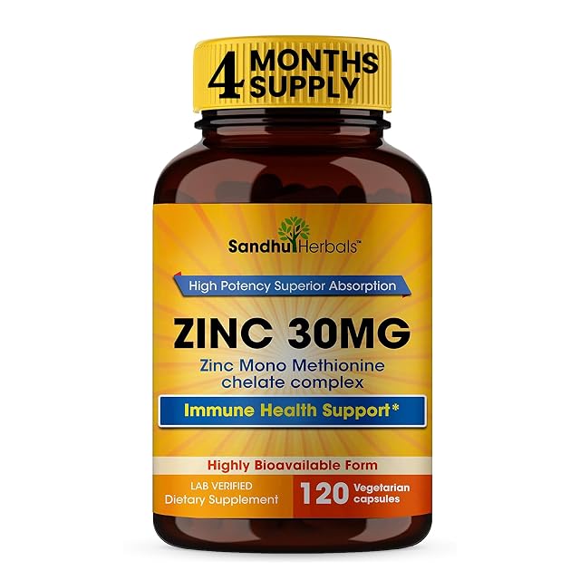 SANDHUHERBALS Zinc 30mg Capsules for Men Women 120 Count Pack of 1 Zinc Supplements for Immune Antioxidant Support