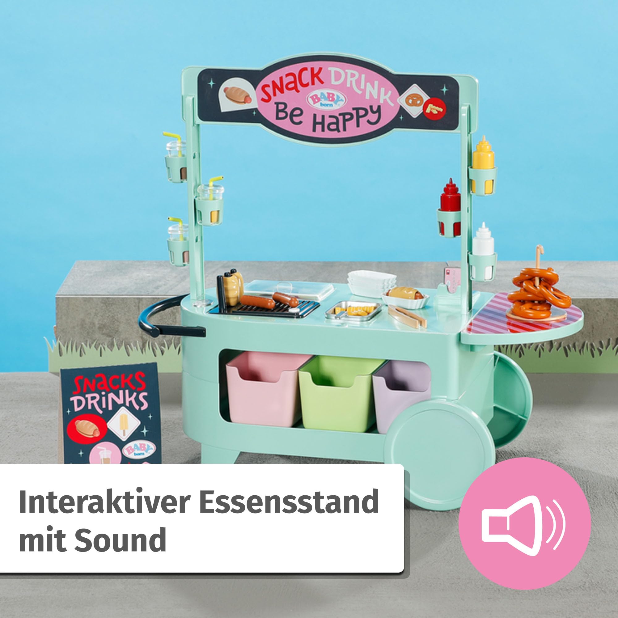 BABY born Snack Shop 835883 Zapf Creation Dolls Food Stand with Sound Effects 25 Different Fast Food Snacks