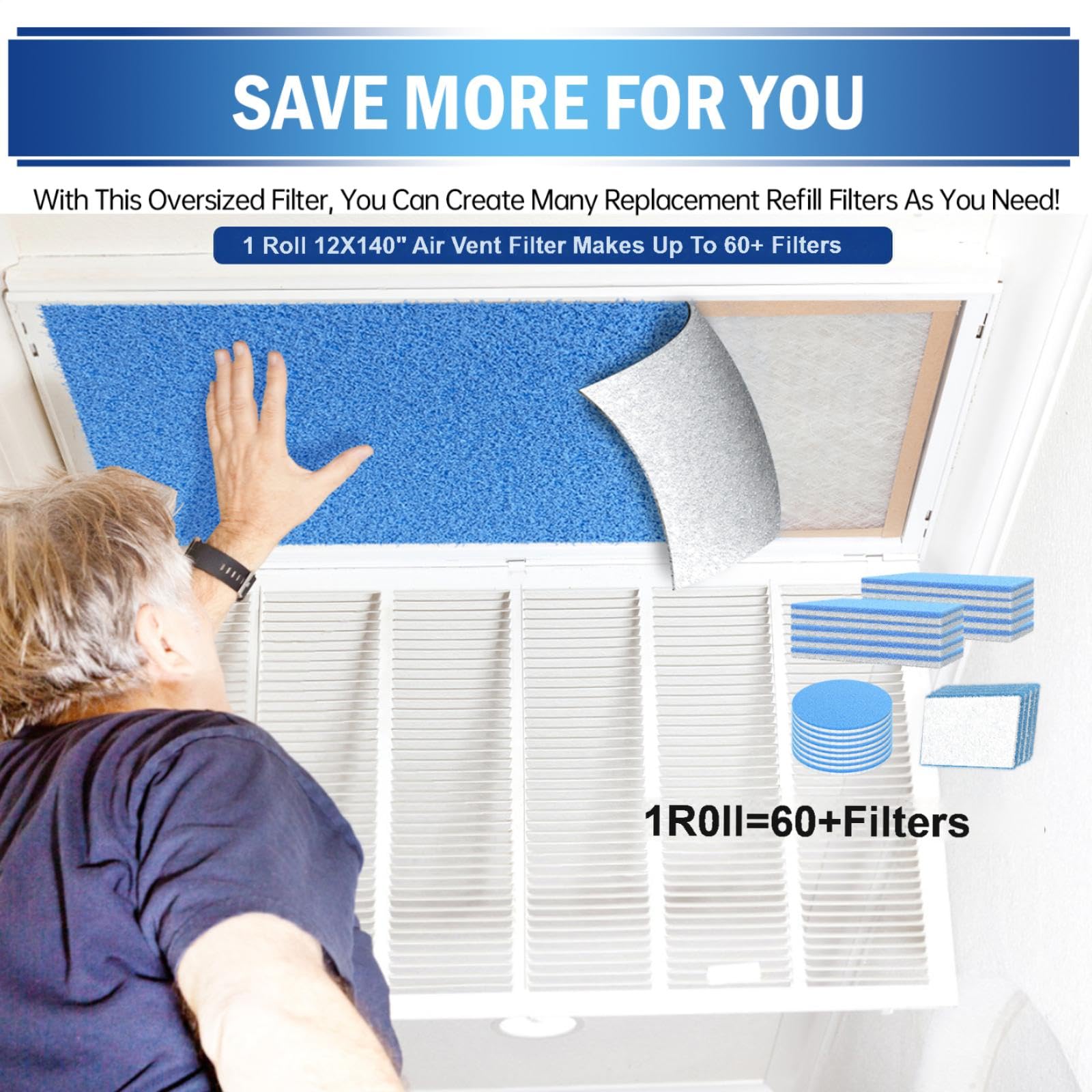 UBeesize Filtros de ventilación de aire, material de filtro de aire cortado a medida de 140 x 12 pulgadas (más de 60 filtros), kit de filtro de ventilación triple MERV 8 para suelo del hogar