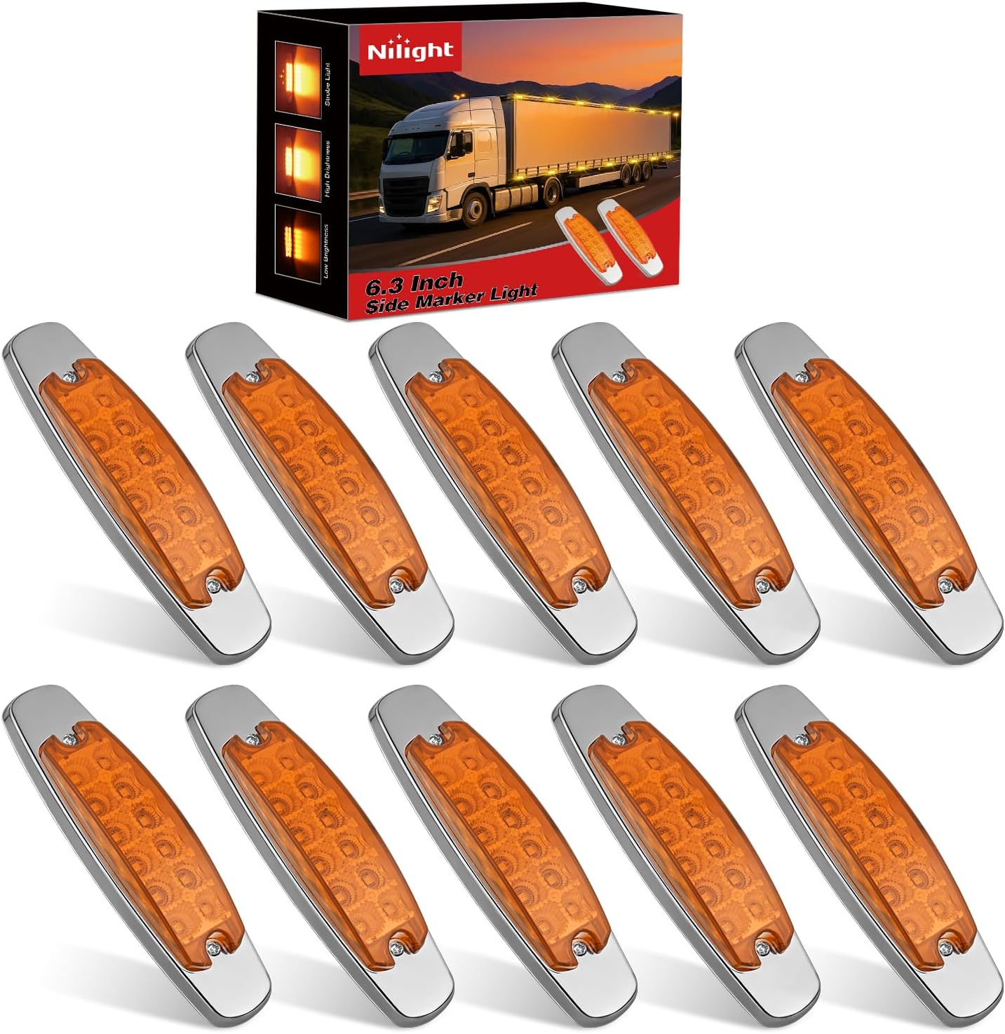 Nilight 10 Pack 6.3 Inch Rectangle Amber Side Marker Lights 12 LED 3 Functions (High/Low/Strobe) IP67 Waterproof Stainless Steel Chrome Bezel 12V Surface Mount for Truck Trailer RV SUV Boat