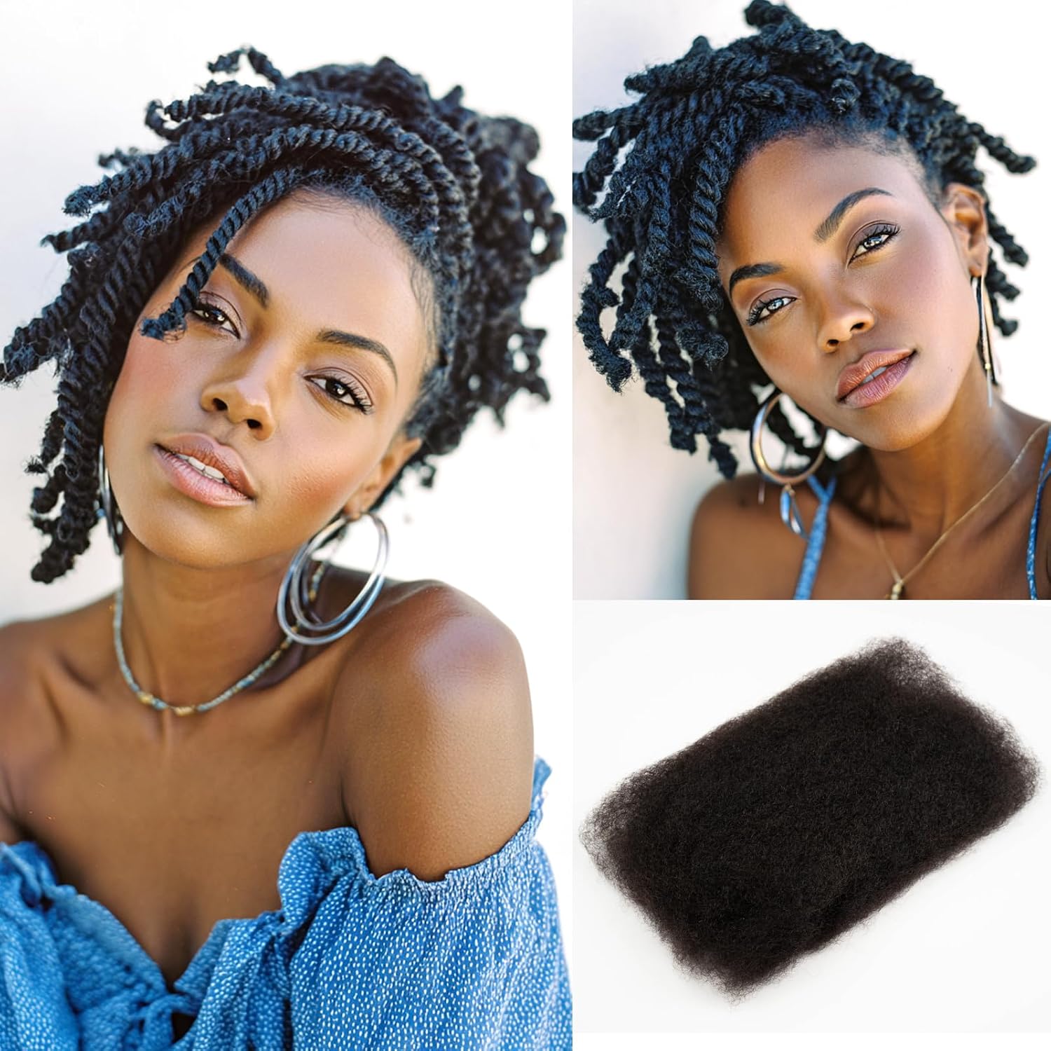 Afro Kinky Bulk 100% Human Hair 3 Packs 150g Tight Afro Kinky Curly Bulk Bundle Hair for Making Locs, Kinky Twists, Dreadlocks Braiding Hair Extensions Natural Color 14 Inches