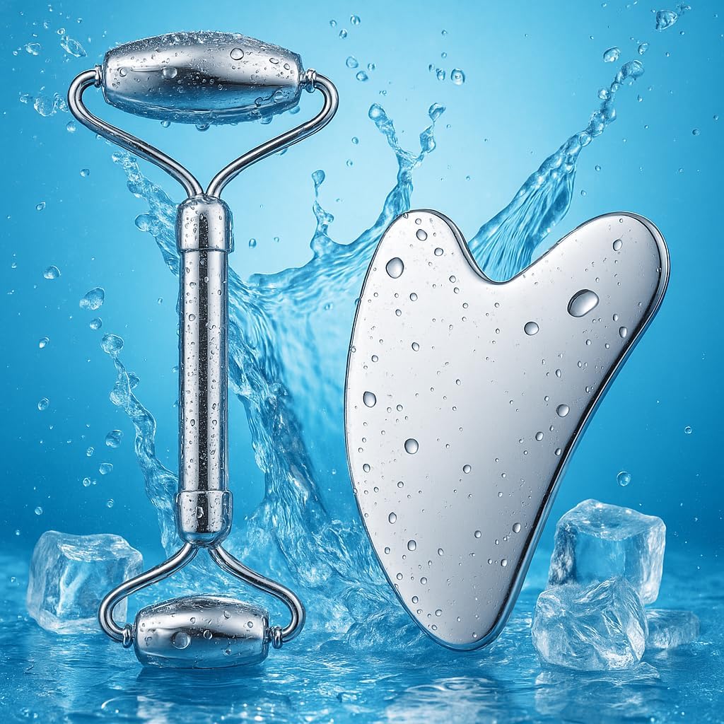 Stainless Steel Gua Sha and Face Roller Set Facial Massager Tools, Lymphatic Drainage Massager Metal Gua Sha Skin Self Care Gifts for Women - Image 12