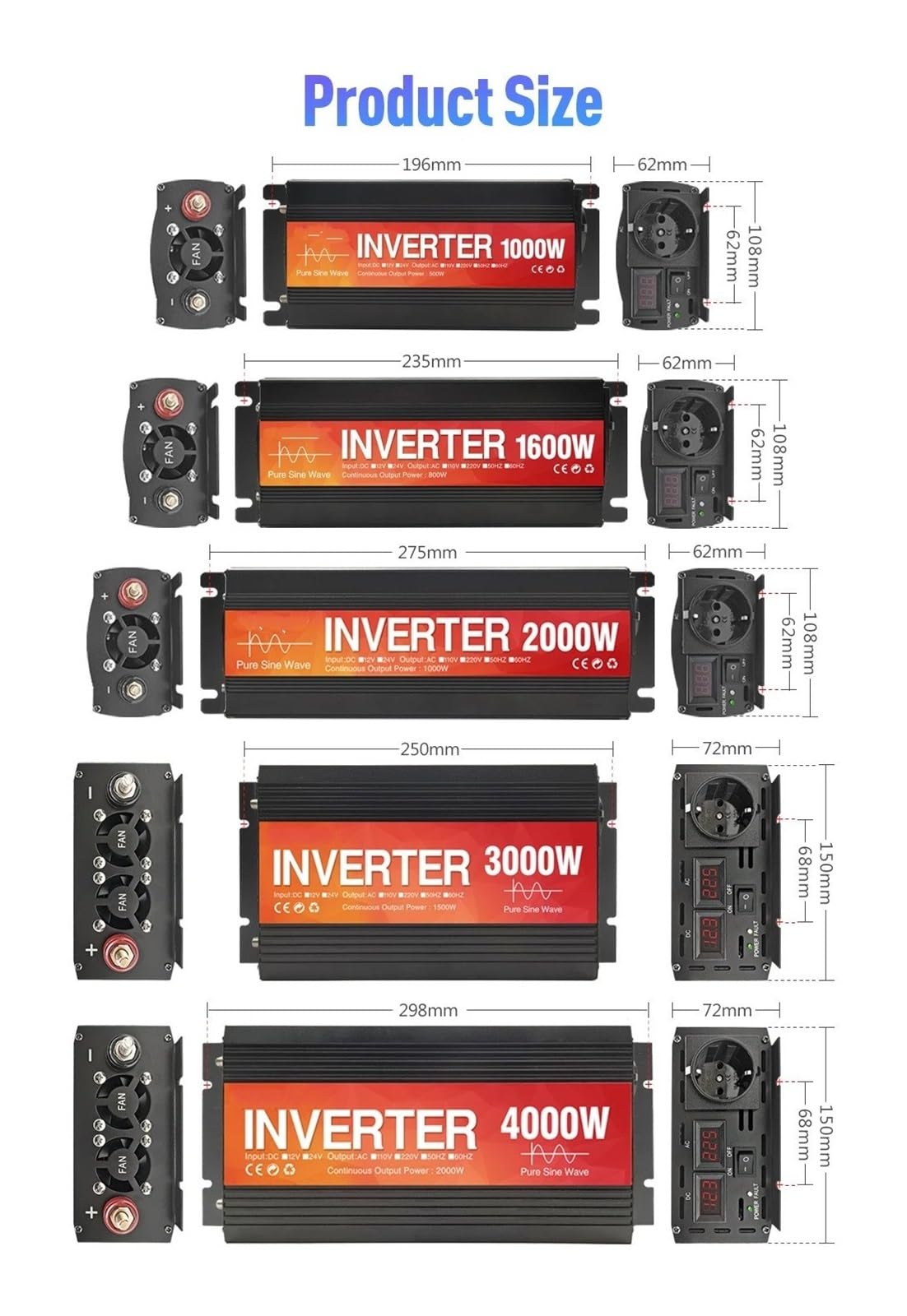 Inversor Coche 12 V 24 V A 220 V 50 Hz 60 Hz 2000 W 3000 W 4000 W Convertidor Voltaje Inversor Solar Onda Sinusoidal Pura Transformador(12V,220V50HZ,3000W EU Socket)