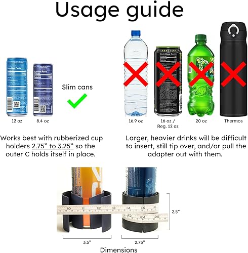 Miniatura 4 de C - Adaptador de portavasos de automóvil flexible y delgado (negro (paquete de 1), fabricado en Estados Unidos, asegura bebidas energéticas de 12