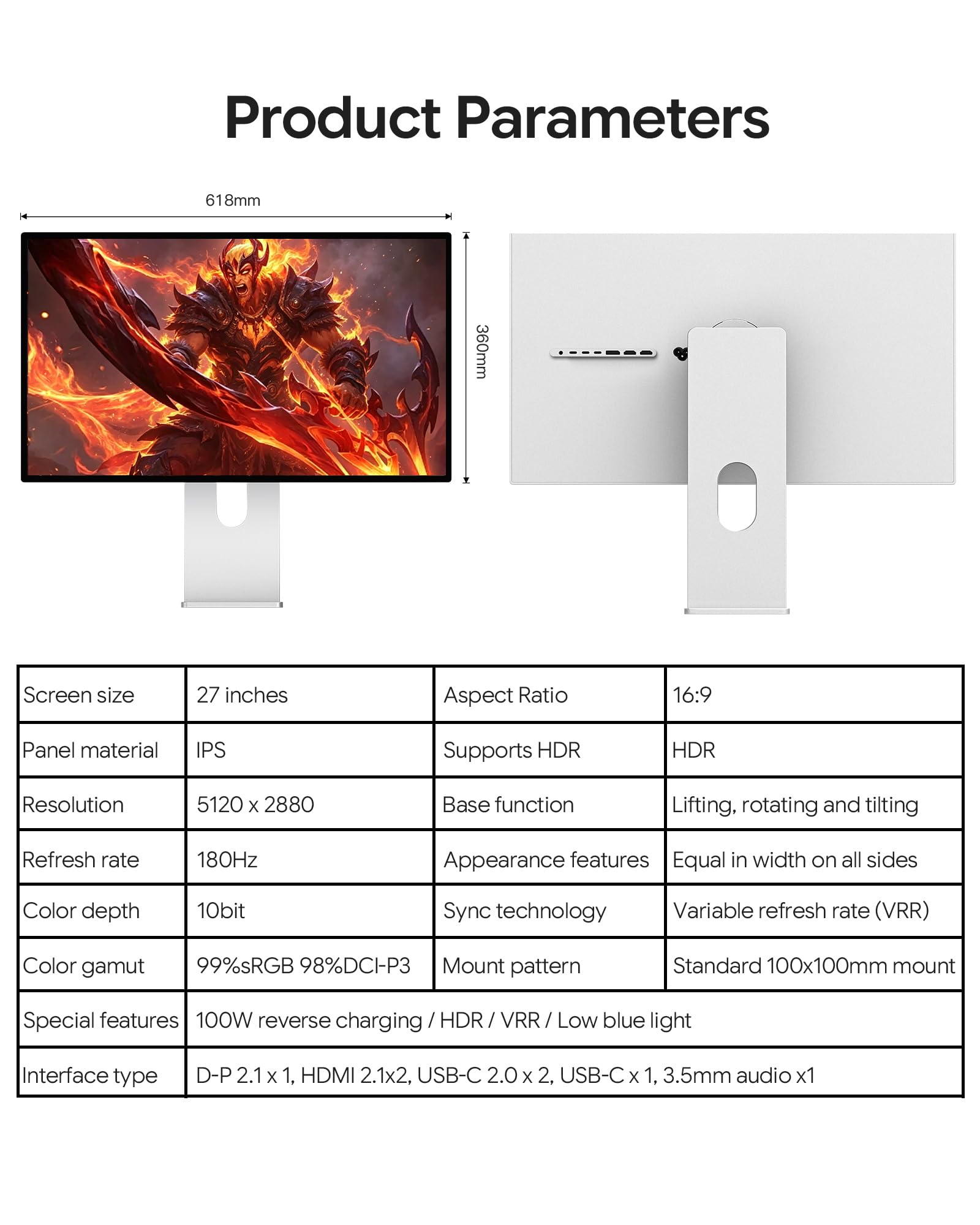 P27Z 27'' 5K Monitor 218ppi 80Hz 330Hz Doble Modo Minimalist con Soporte | 5120x2880 600 cd/m² USB C 80Gbps 100W Carga 98% DCI-P3 10Bit Altavoces Integrados para Gamers Diseñadores