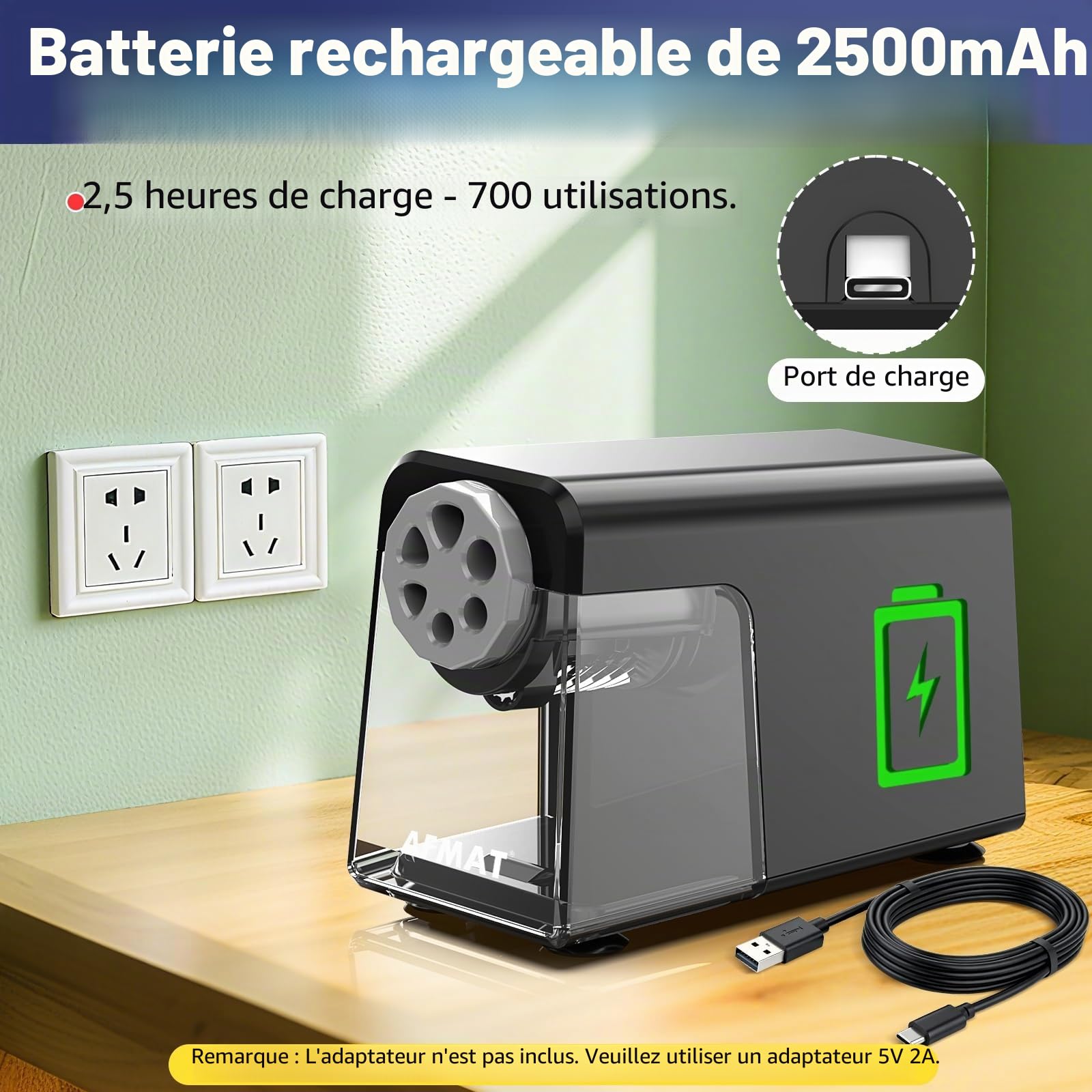 AFMAT Taille-crayon électrique 6 trous avec récipient, arrêt automatique et stockage de crayons - Taille-crayon électrique rechargeable pour 6 à 11 mm N° 2/grand/crayons de couleur, 10 000 tailles
