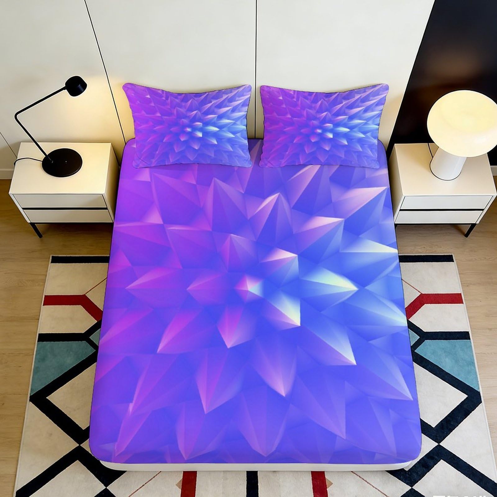 3D Printed Purple Geometric Fitted Sheet Microfiber Soft Breathable Abstract Polygon Mattress Cover for Bedroom Dormitory Guest Room Protection Decor 90x200x25cm