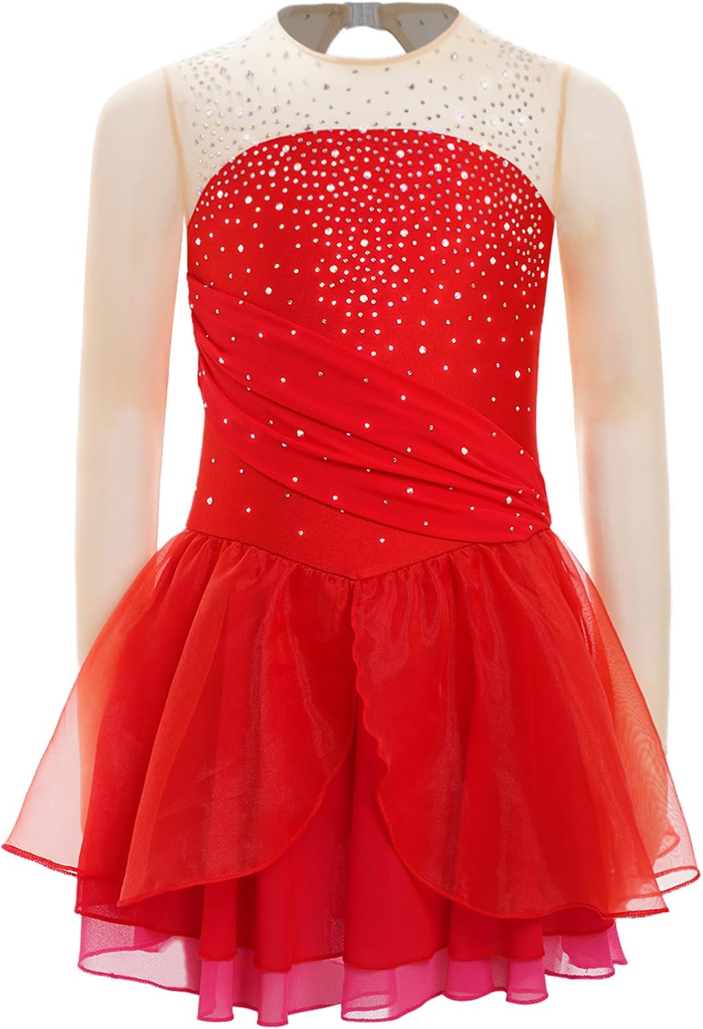 Freebily Kids Girls Ice Figure Skating Dress Long Sleeve Backless Sparkly Leotard Skating Dance Skirt Dress