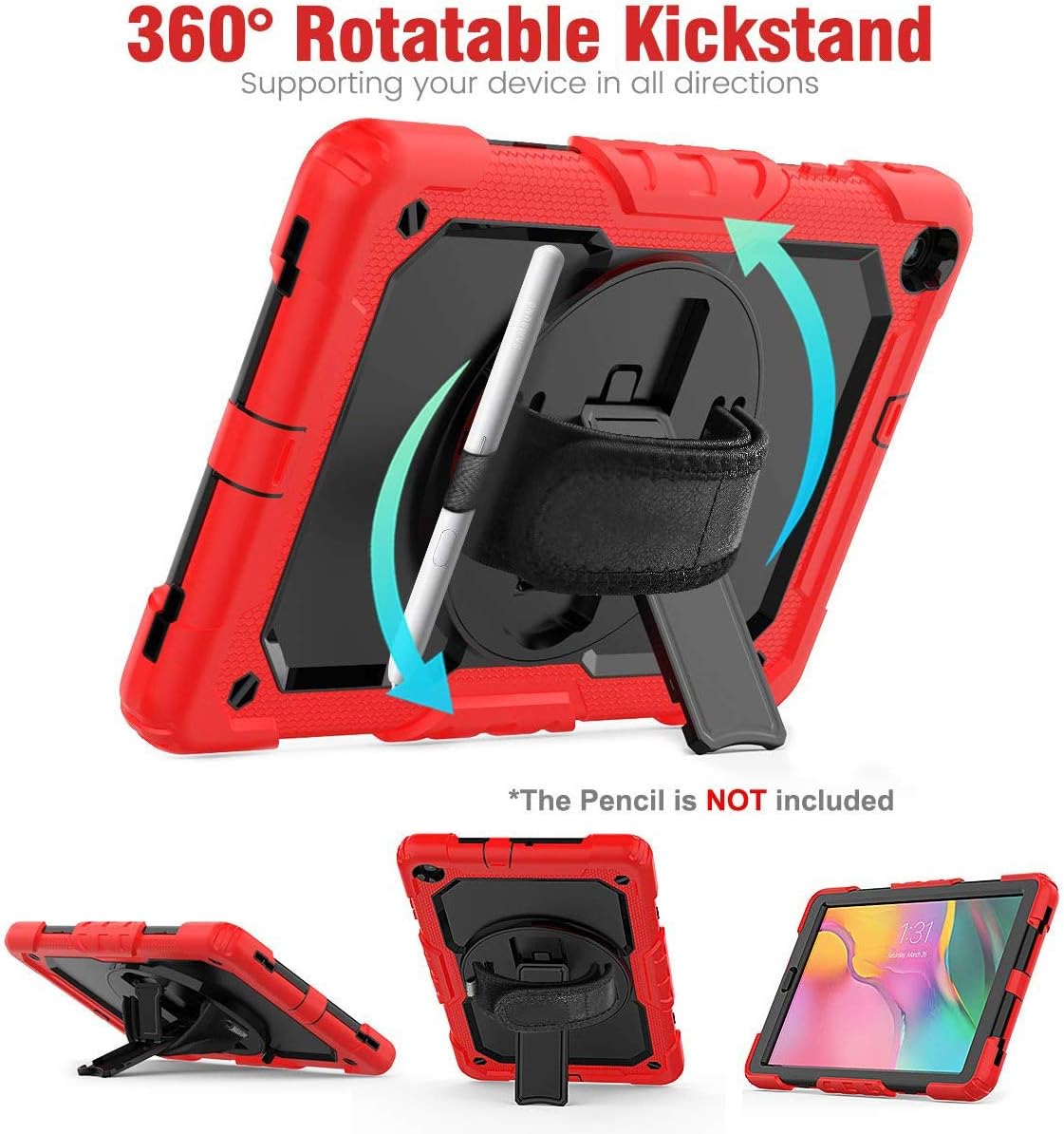 Samsung Galaxy Tab A 10.1 2019 Case with Screen Protector, Herize Full-Body Drop Proof & Shockproof Protective Case with Pencil Holder & Hand Strap for Galaxy Tab A 10.1 2019 SM-T510/SM-T515 Red