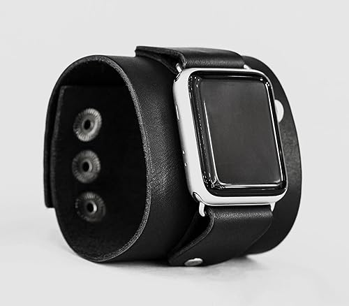Miniatura 6 de wide Leather cuff band compatible with Apple watch 38mm 40mm 41mm 42mm 44mm 45mm 49mm, Handmade UA 1363 (black + steel + 38mm + 5.5-6.1 in)