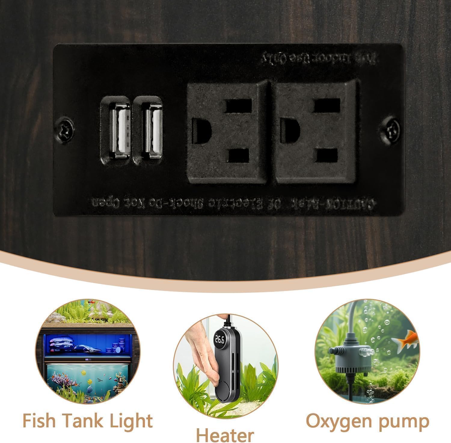 Close-up of the integrated power panel with two standard outlets and two USB ports.