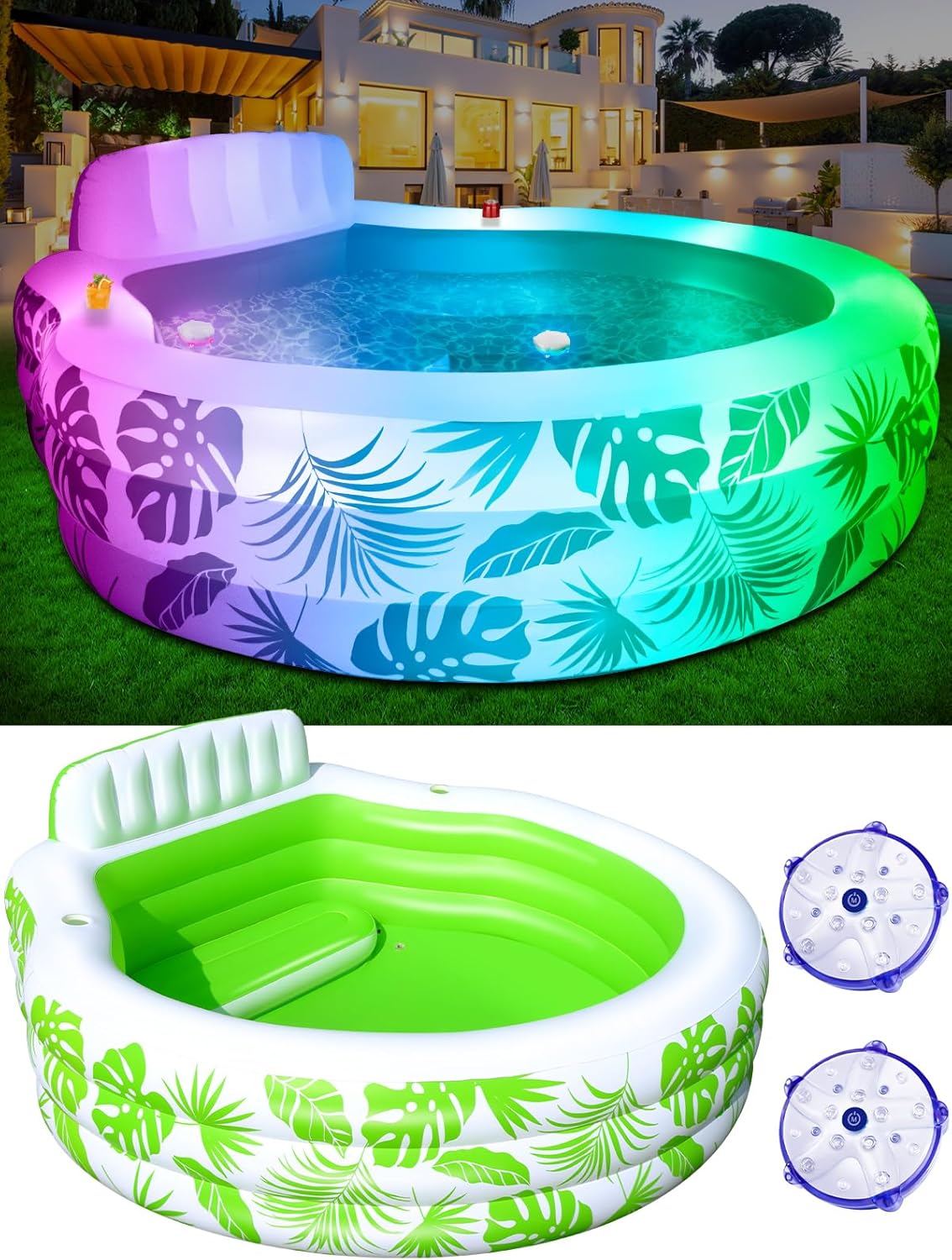Inflatable Pool with Pool Lights, Oversized Thickened Blow Up Pools with Seat, Inflatable Pools for Audlts, 88"x83"x22" Large Inflatable PooI for Backyard, Outdoor pooI (White)
