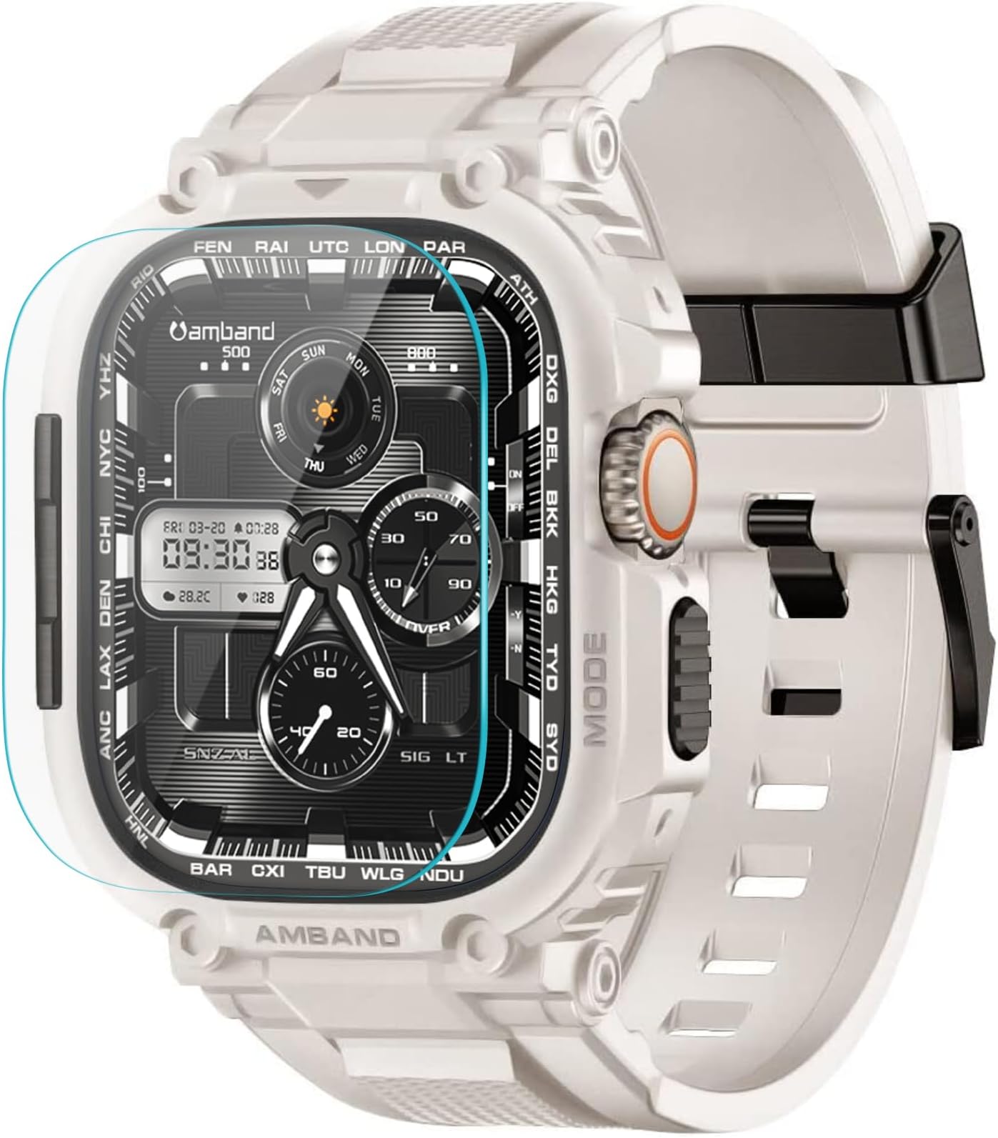 amBand Bands Case Screen Protector Compatible with Apple Watch Ultra 2/1 49mm, M1 Sport Series Rugged Cover Strap and 9H Tempered Glass Film, Protective Bumper for iWatch 49 mm Men Starlight