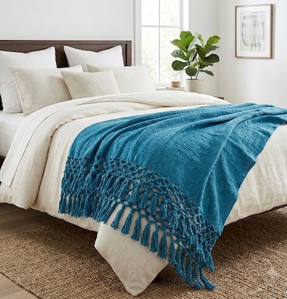 Image of HAKAM Cotton Throw Blanket with Macrame Tassels for 3 Seater Sofa | Ideal for Your Home, Living Room, Sofa, Bed, Chair, Picnic & Used for Gift - 50X70 inch (Peacock Blue, 128x178 cm)