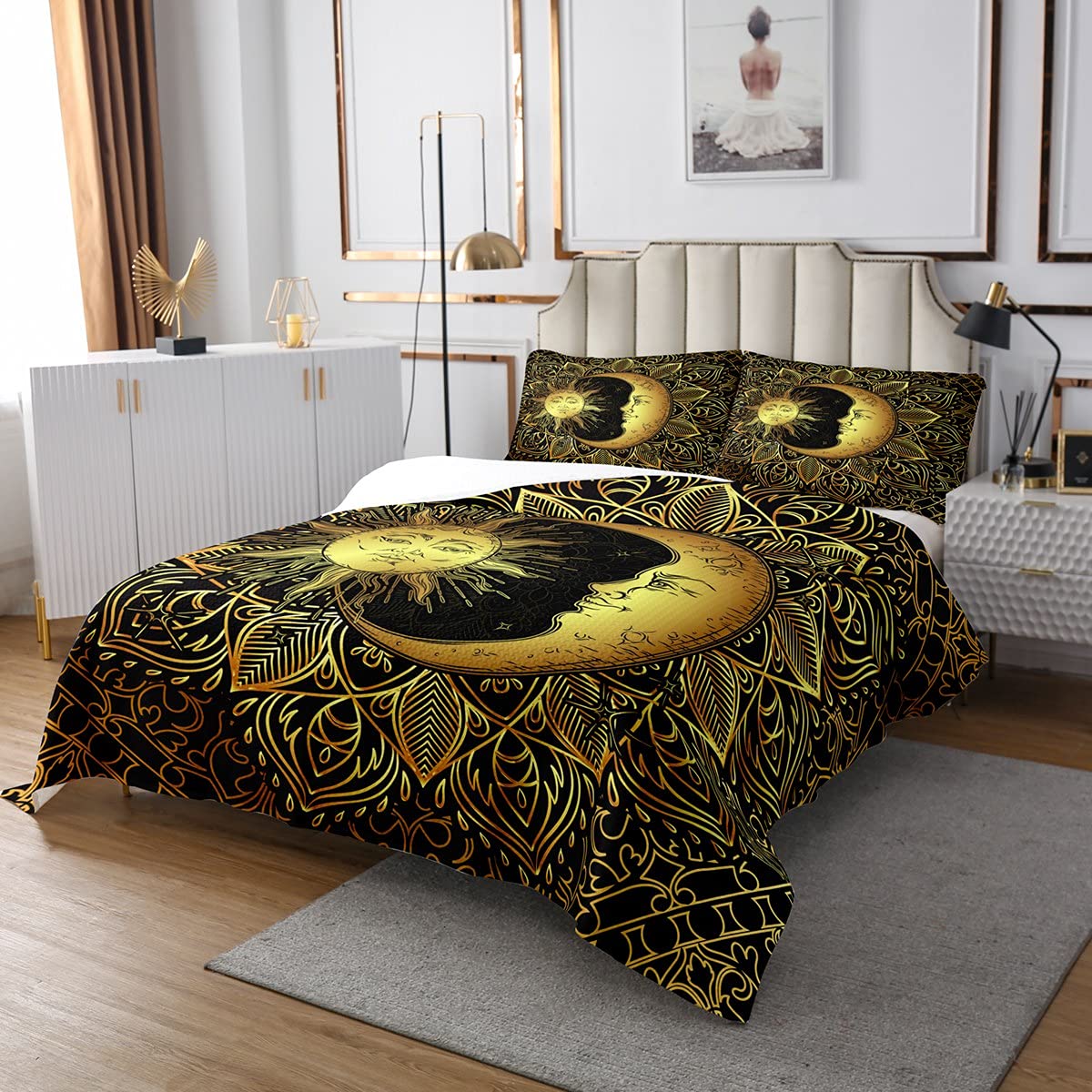 Böhmische Tagesdecke 240x260 3D Golden Sonne Und Mond Bedrucktes Bettwäscheset Für Kinder Teenager Erwachsene Mandala Gesteppte Bettdecke Traumfänger Bettdecke Set, Trippy Boho Hippie Dekor, Schwarz