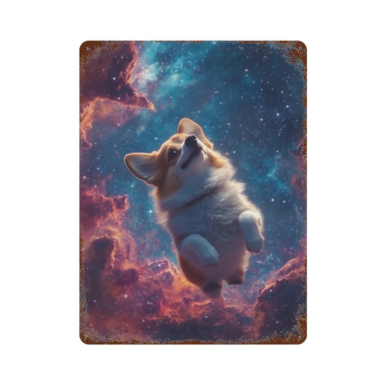 Corgi in Space Adventure Vintage Wall Sign 15.7"x11.8", Rust Effect Metal Decor for Basement, Hobby Room And Garage Decor