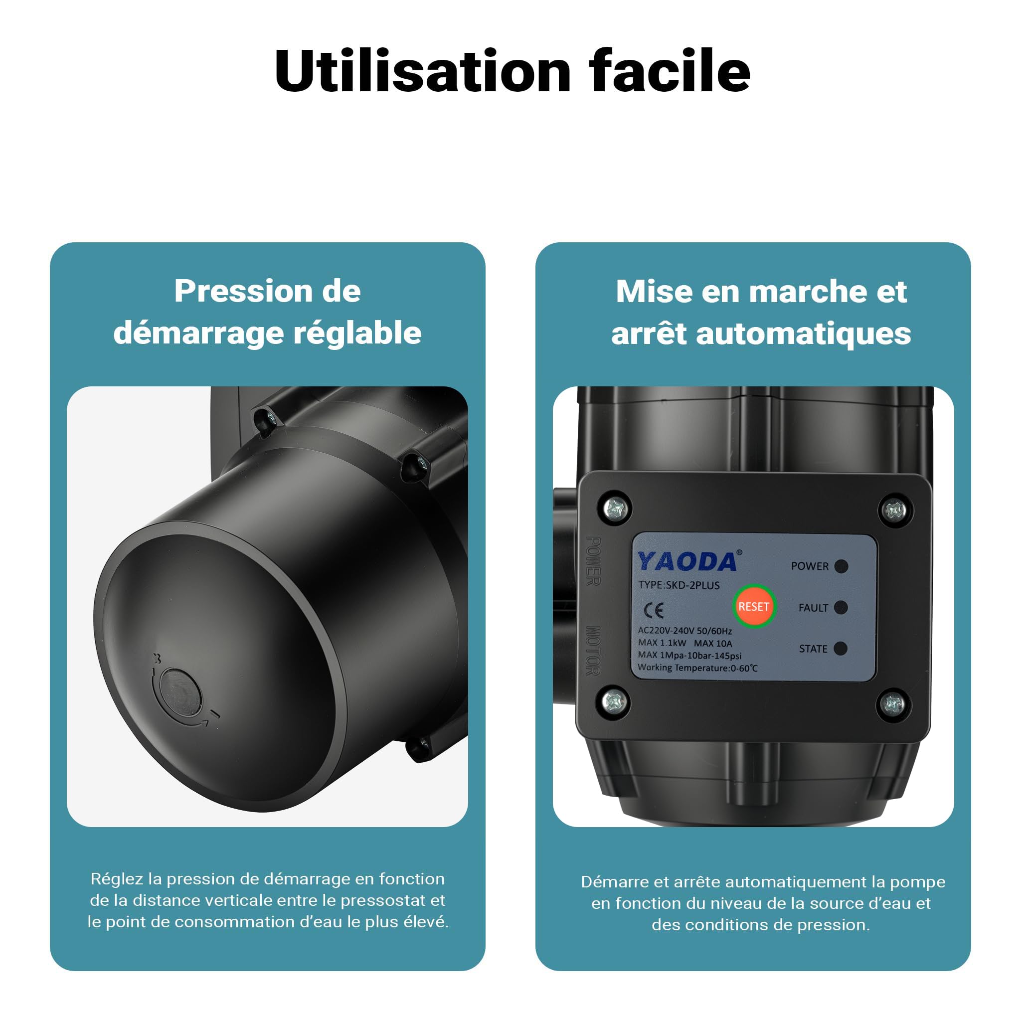 Wiltec Pressostat EPC-2 – 145 x 225 x 125 mm – 230 V – 10 bars – avec 2 Câbles – Réseaux d’eaux domestiques & Pompes monophasées – Anti-marche à sec