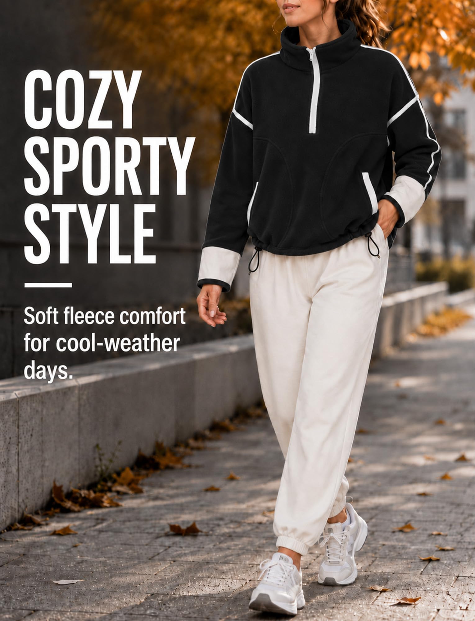 FEOYA Damska bluza polarowa z zamkiem błyskawicznym oversize, ciepły sweter, Czarny, L | Polarowy top z kieszeniami na jesień zimę sport spacery piesze codzienne odzież domowa