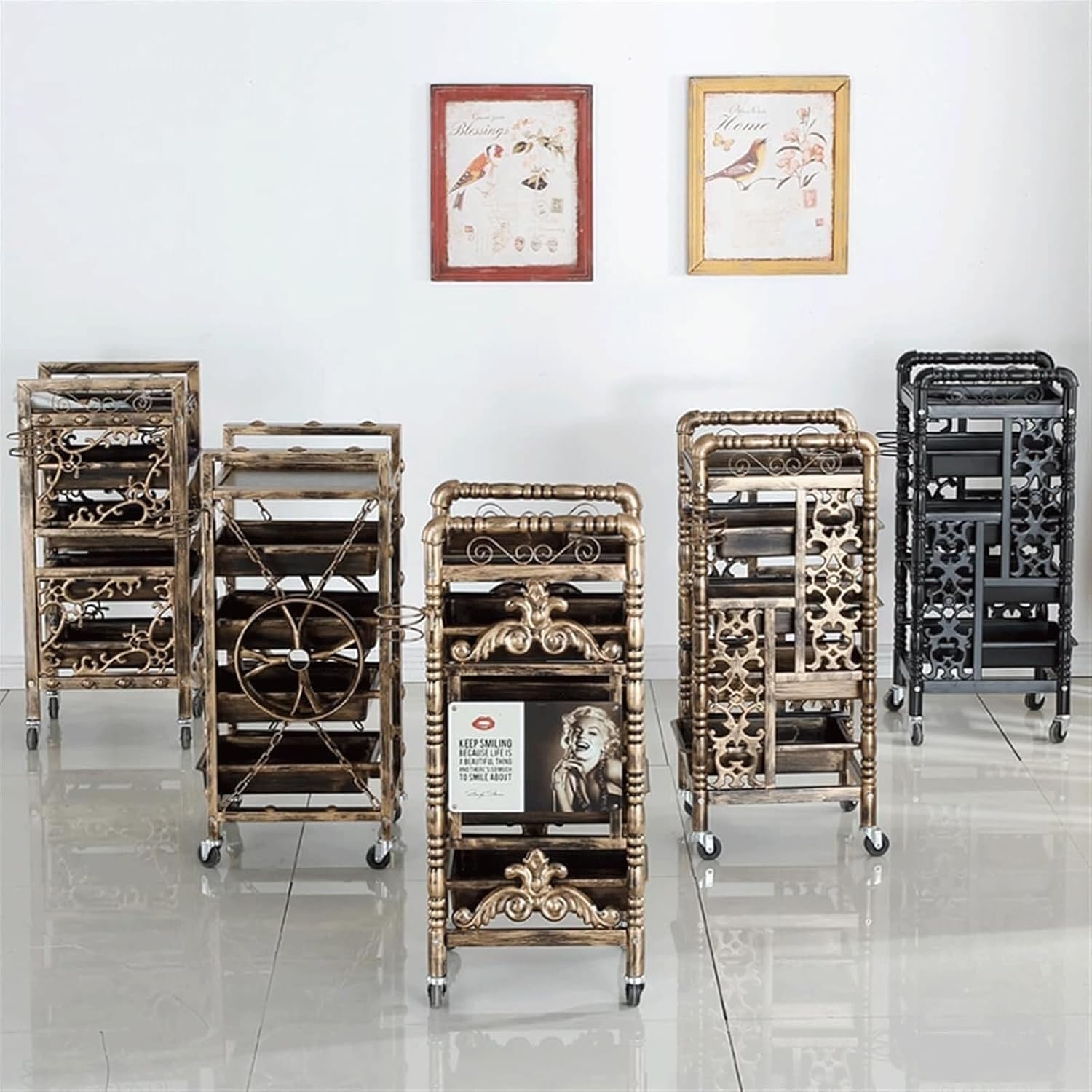 Retro Iron 5-Tier Salon Trolley Cart with Removable Drawers, Multi-Functional Beauty Spa Swivel Wheels, Rolling Storage for Salon, Spa, and Stations