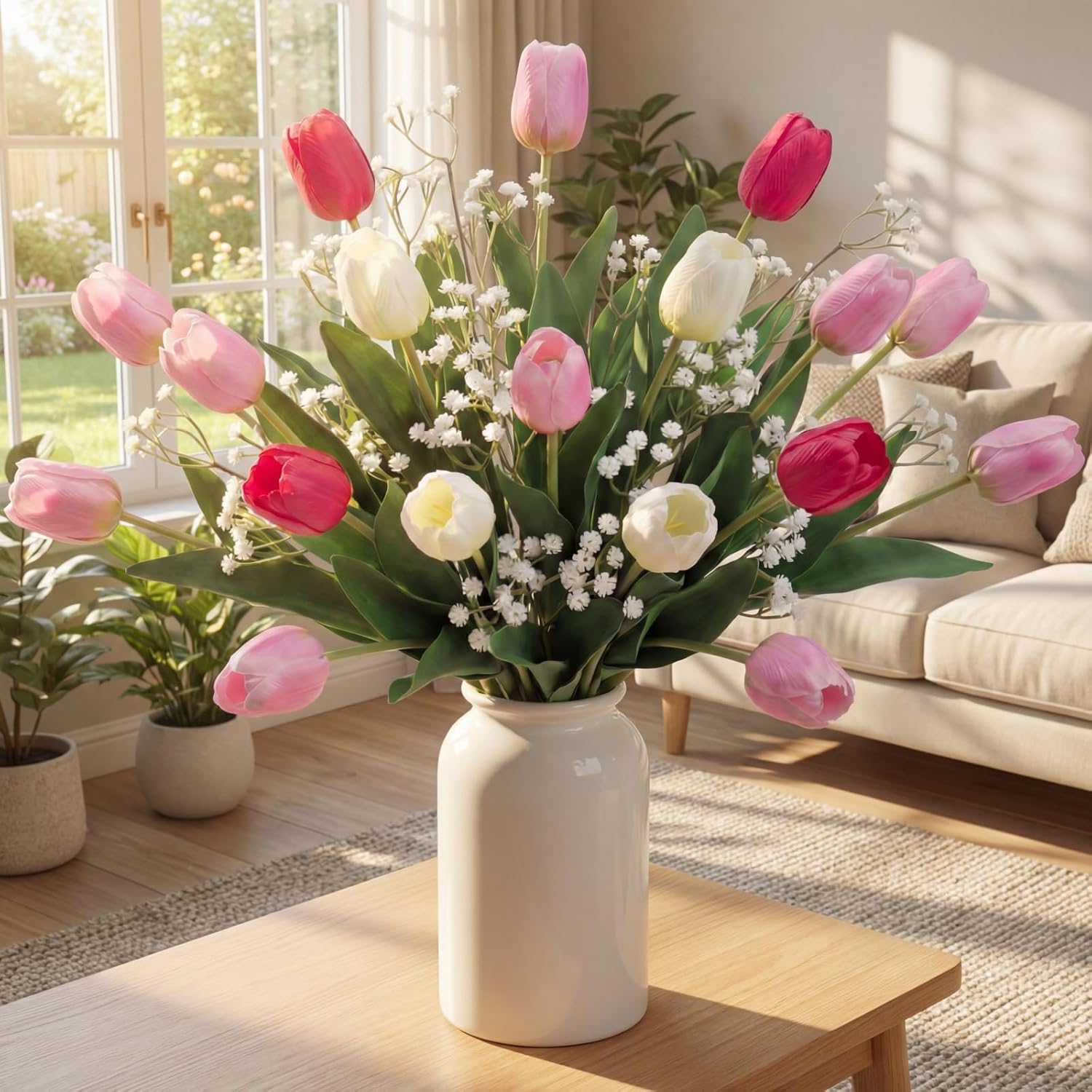 Hotop 30pcs 24 Inch Easter Artificial Flowers Easter Floral Decorations Artificial Tulip Fake Baby's Breath Flower Bouquet for Home, Wedding, DIY Gift Party(Deep Pink, Light Pink,White)