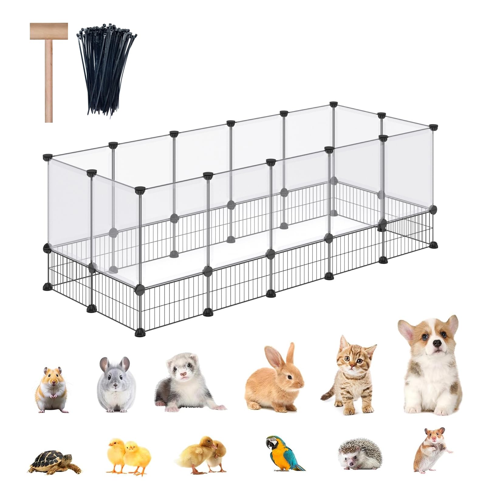 DINMO Rabbit Playpen, Guinea Pig Cages, Hamster Cages, Iron Net Bottom Design for Small Animal, Bunny, Ferret, Hedgehog, DIY, Expanded, Portable, Exercise Fence, 61.4 x 25.4 x 22.3 Inches