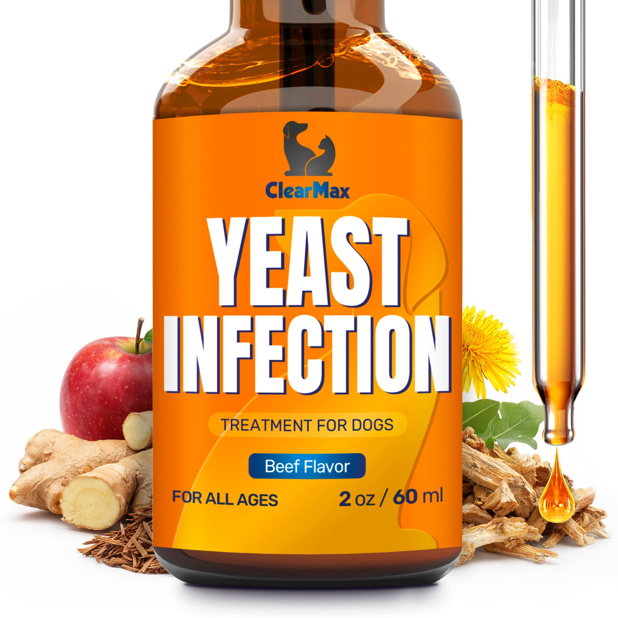 Yeast Infection Treatment for Dogs Soothes Itchy Ears and Irritated Skin – Helps with Allergies, Redness & Maintains Gut Work – Liquid Yeast Infection Drops for Dogs with Natural Beef Flavor – 2 Oz