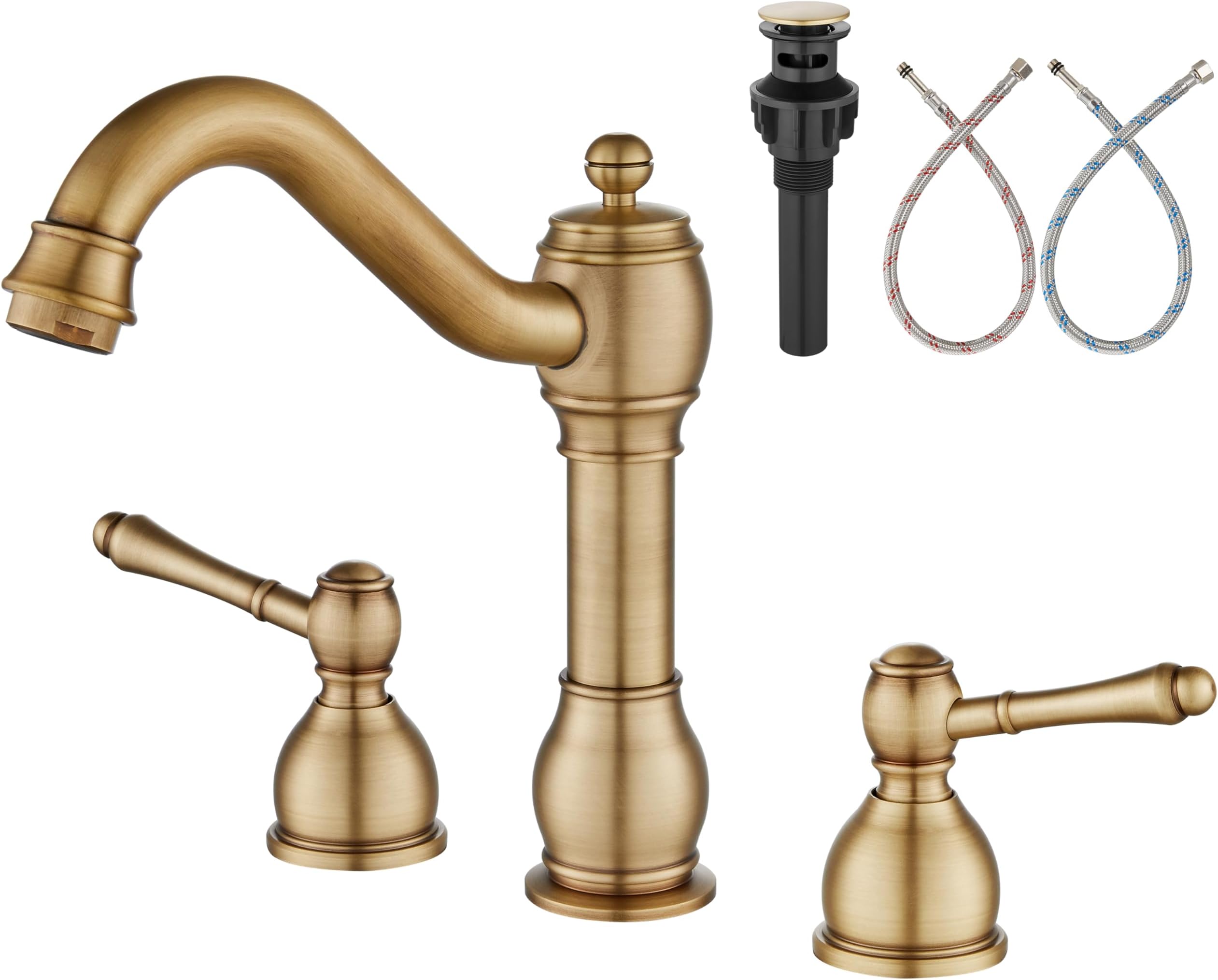 Aolemi 8 Inch Widespread Bathroom Sink Faucet 3 Hole Deck Mount Vanity Basin Mixer Tap with Pop Up Drain Assembly Antique Brass Double Lever Handle