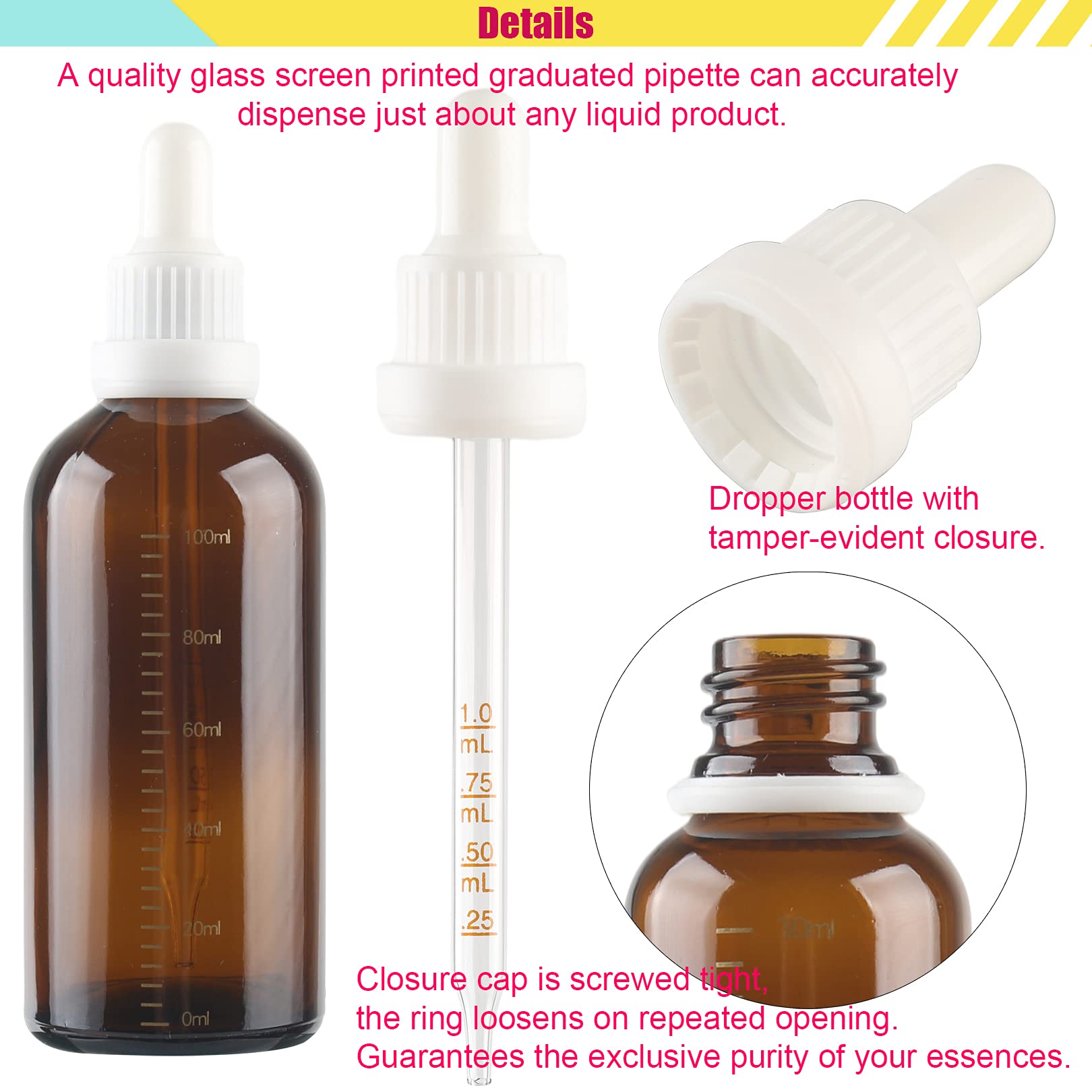 12 Pezzi Vuoto 100 ml Ambra Bottiglie Contagocce Graduato in Vetro, Marrone Flaconi con Pipetta Contagocce e Chiusura a Prova di Manomissione Bianco, per Aromaterapia, Olio Essenziale