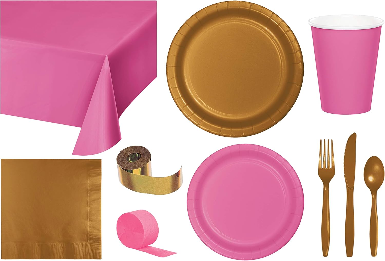Baxters Party Bundle Bulk, Tableware for 24 People Candy Pink and Gold, 2 Size Plates Napkins, Paper Cups Tablecovers and Cutlery, Box of 199
