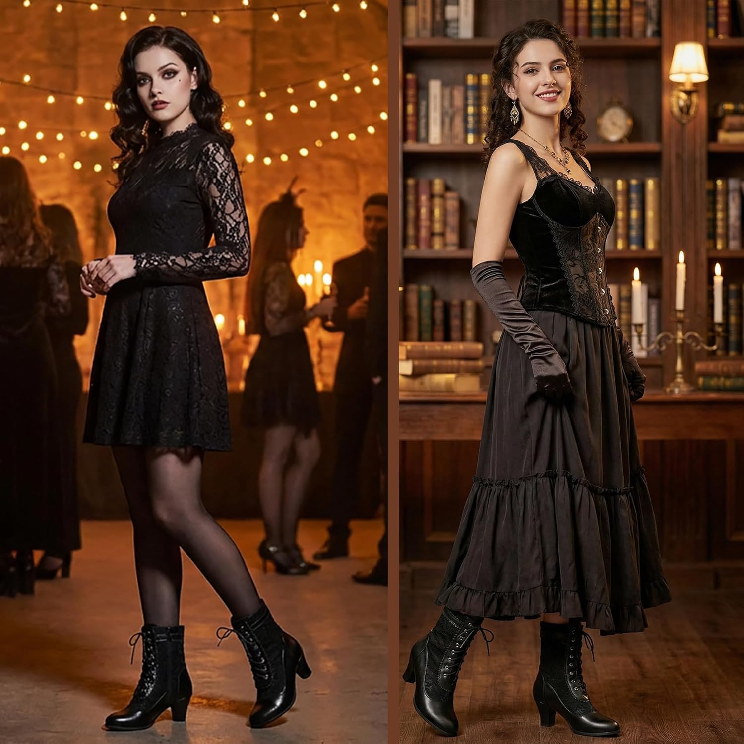 ErikenUrben Victorian Lace Up Ankle Boots for Women Black Vintage Mid Heel Booties with Side Zipper