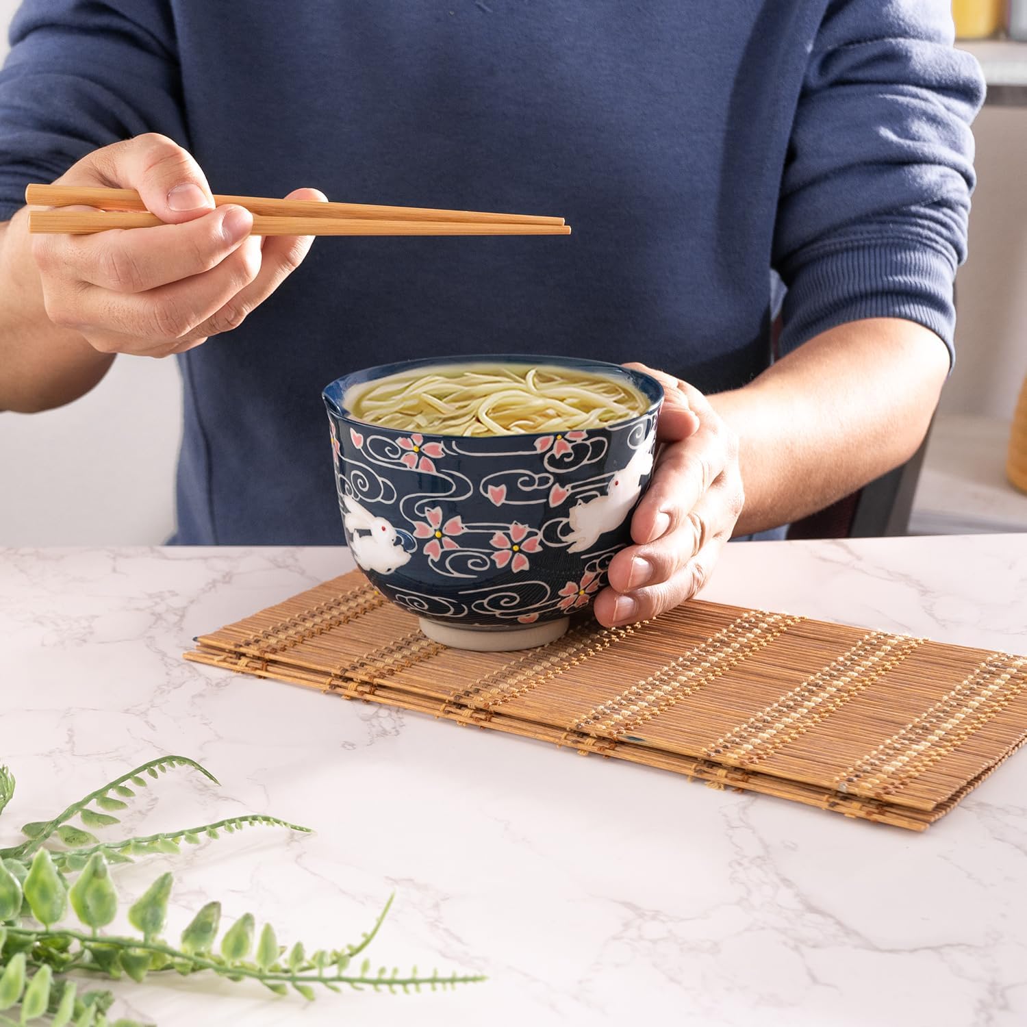 Urban Tokyo Handpainted Ceramic Glazed Japanese Ramen Udon Noodle Rice Bowl With Chopsticks 20 fl oz 5 inch Diameter Bowl Sets Color Box Packaging (Cherry Blossoms Rabbit)