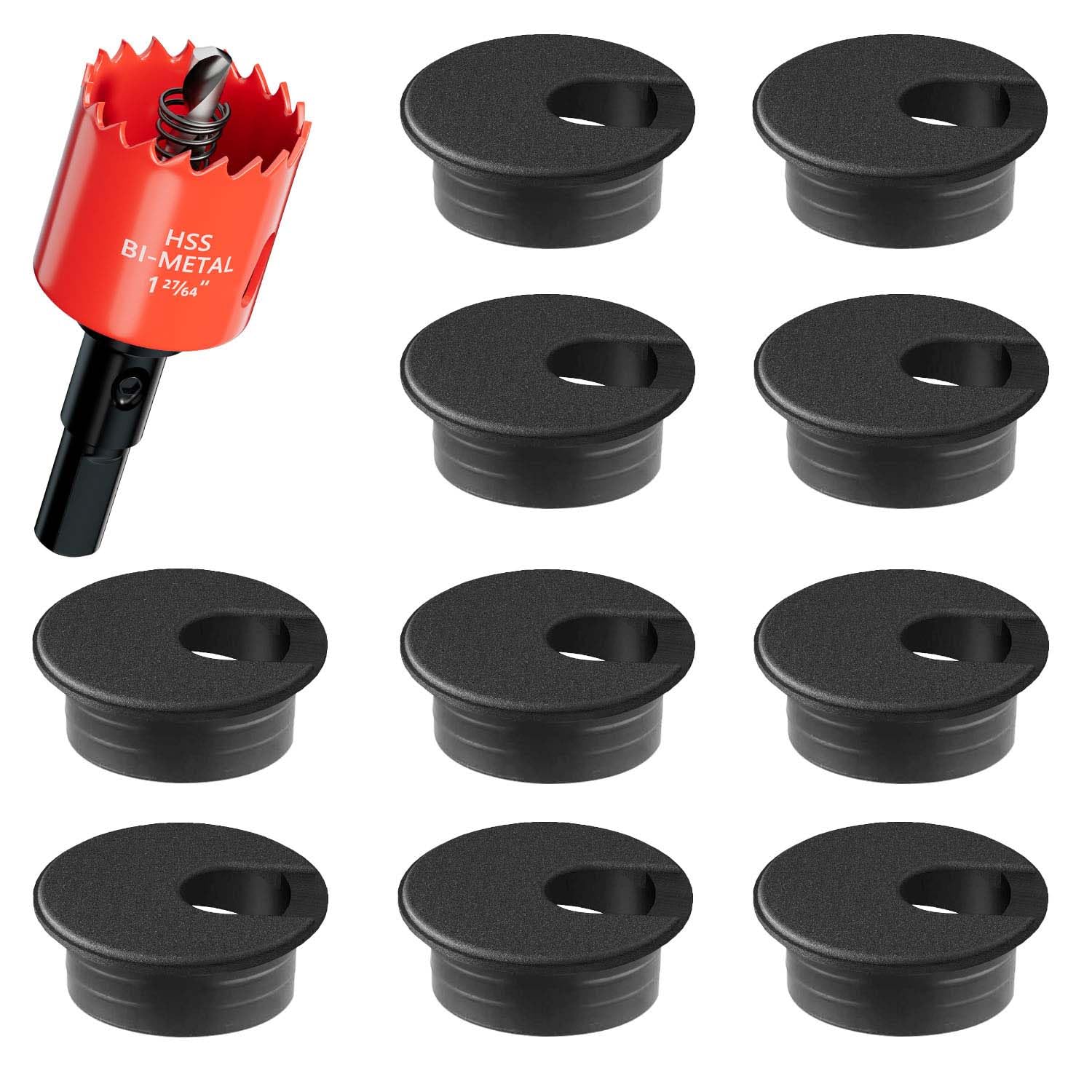 Desk Grommet 35mm - 10 Pack Black Cable Grommet & Desk Hole Cover with Hole Saw for Cables, Cord Management for Office, TV, and Home Table