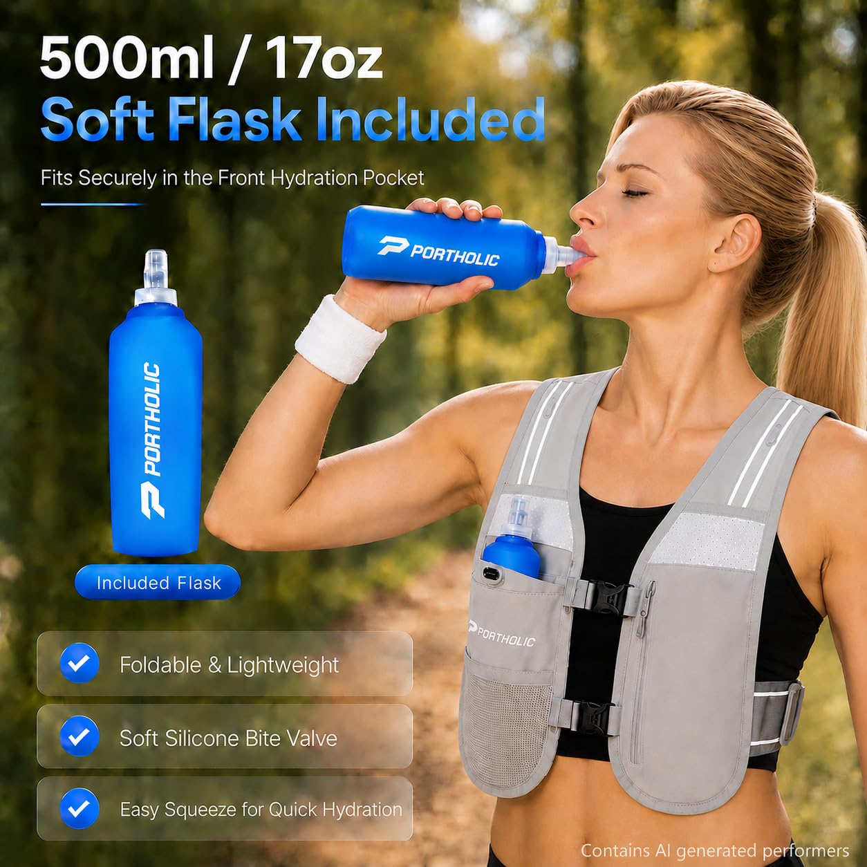 PORTHOLIC Chaleco de Hidratación para Correr Hombre y Mujer con Botella 470ml/17oz | Chaleco Reflectante Ajustable | 6 Bolsillos | Ligero y Transpirable | para Running, Senderismo, Trail Running