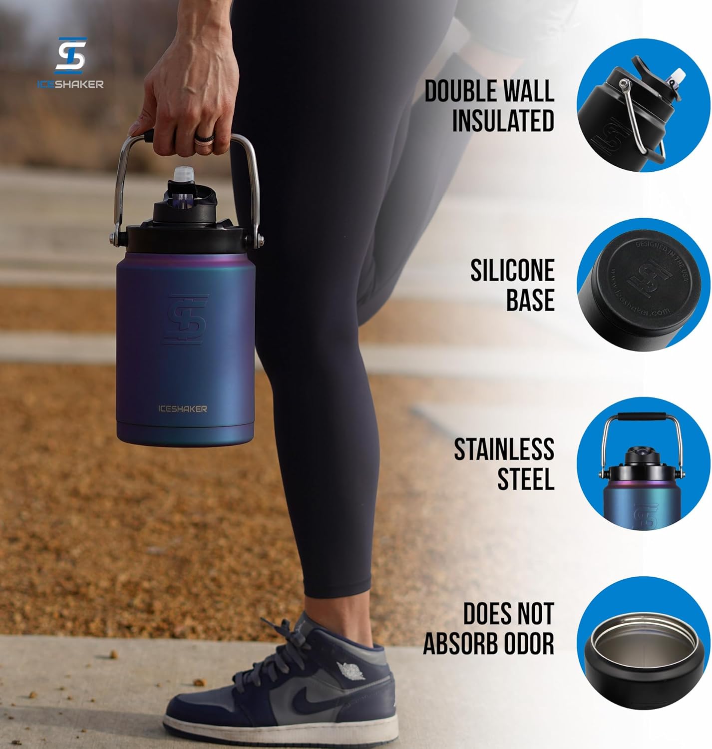 Ice Shaker Insulated Stainless Steel Half Gallon Water Jug | 64 oz, Wisteria | Stays Cold for 60+ Hours | Multi-purpose lid | Odor-Free Outdoor Water Jug for Sports, Camping, Hiking, Working Out