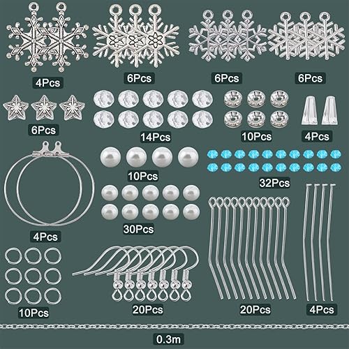 Miniatura 9 de SUNNYCLUE 1 caja de bricolaje para hacer 10 pares de aretes de copo de nieve, kit de iniciación, colgantes de aleación de copo de nieve, cuentas de