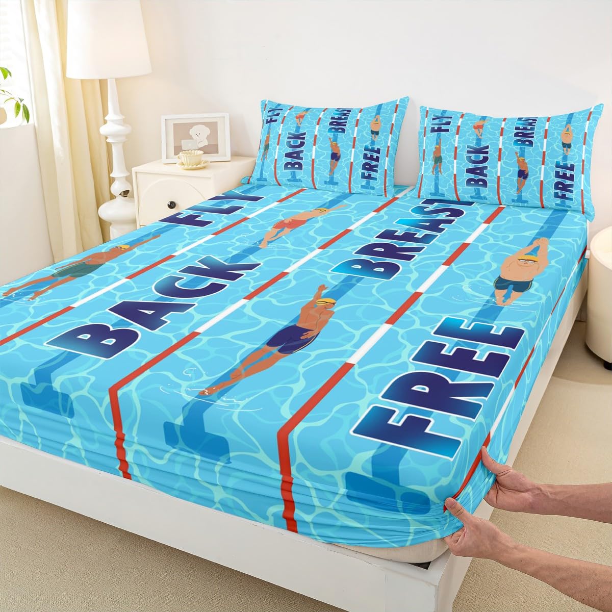 Swimming Spannbettlaken S Größe,3D Blaue Schwimmbad Bettwäsche Set,Schwimmer Bettlaken Kinder Mädchen Jungen Teens Zimmer Dekor,Schwimmen Sports Liebhaber Tiefe Tasche Blatt,1 Kissenbezug