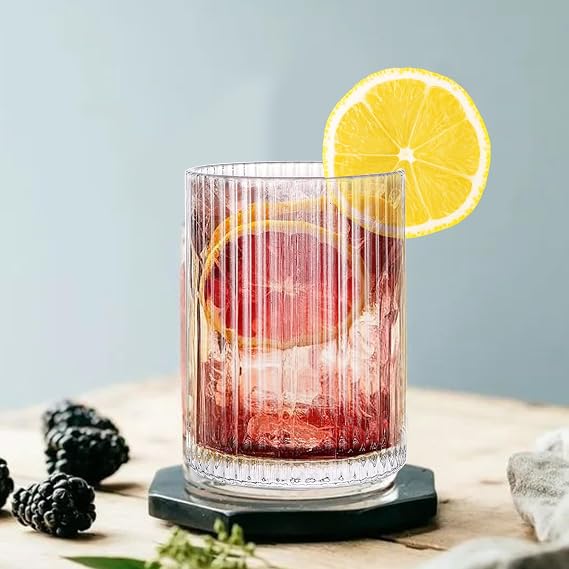 WOPPLXY Ribbed Drinking Glasses Set of 6, 280ml Vintage Origami Style Glassware Cup, Clear Drinking Glass Tumblers for Coffee, Soda, Cocktail, Juice