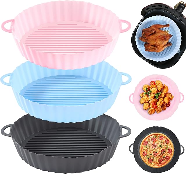 LYLIDIA 3 Pcs Silicone Air Fryer Liner, 8" Tower Air Fryer Liners, Reusable Air Fryer Basket Accessories, Round Air Fryer Silicone Baking Tray, Food Grade Silicone Greaseproof Airfryer Pot, 3 Colors