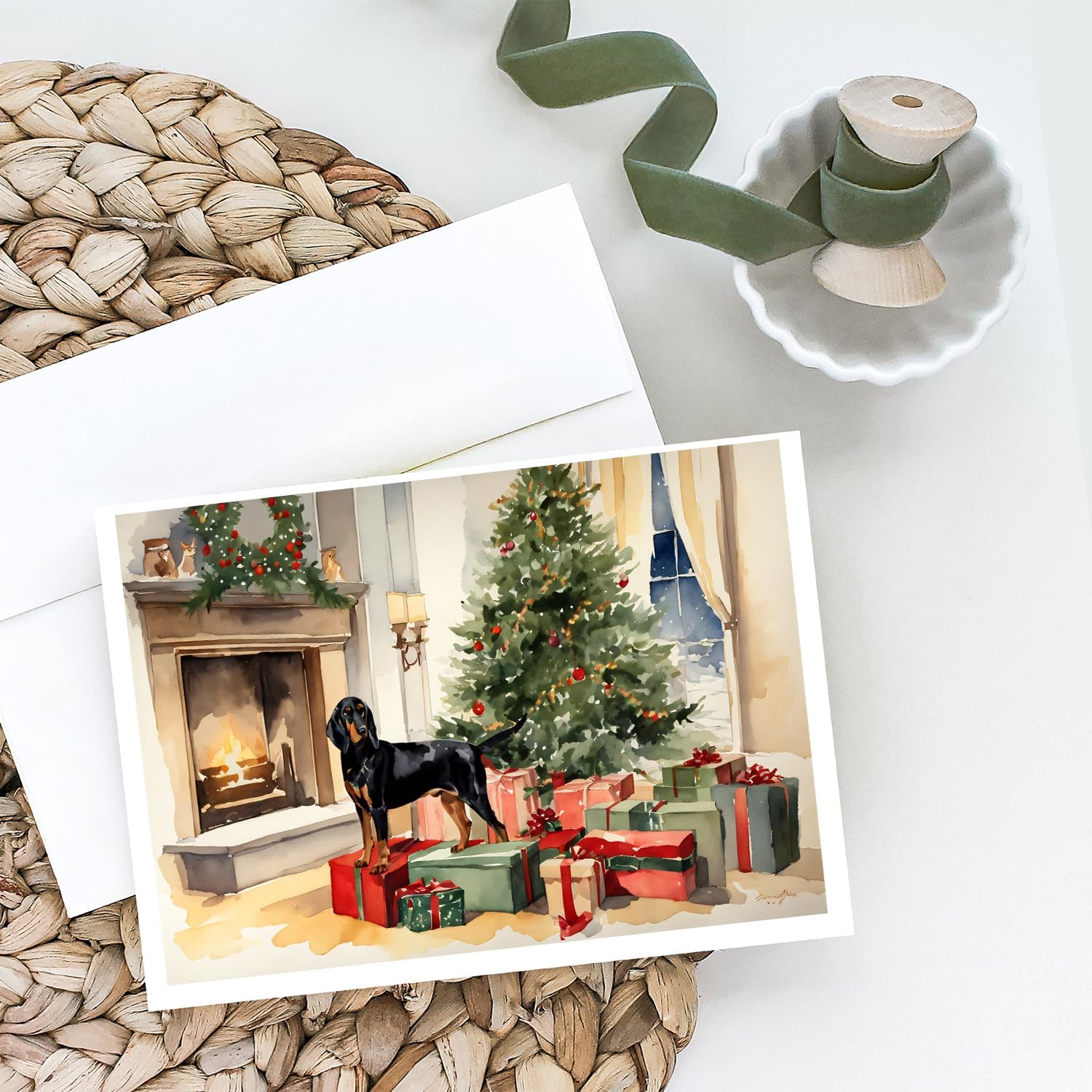 Caroline's Treasures DAC2612GCA7P Black and Tan Coonhound Cozy Christmas Greeting Cards Pack of 8 Blank Cards with Envelopes Whimsical A7 Size 5x7 Blank Note Cards