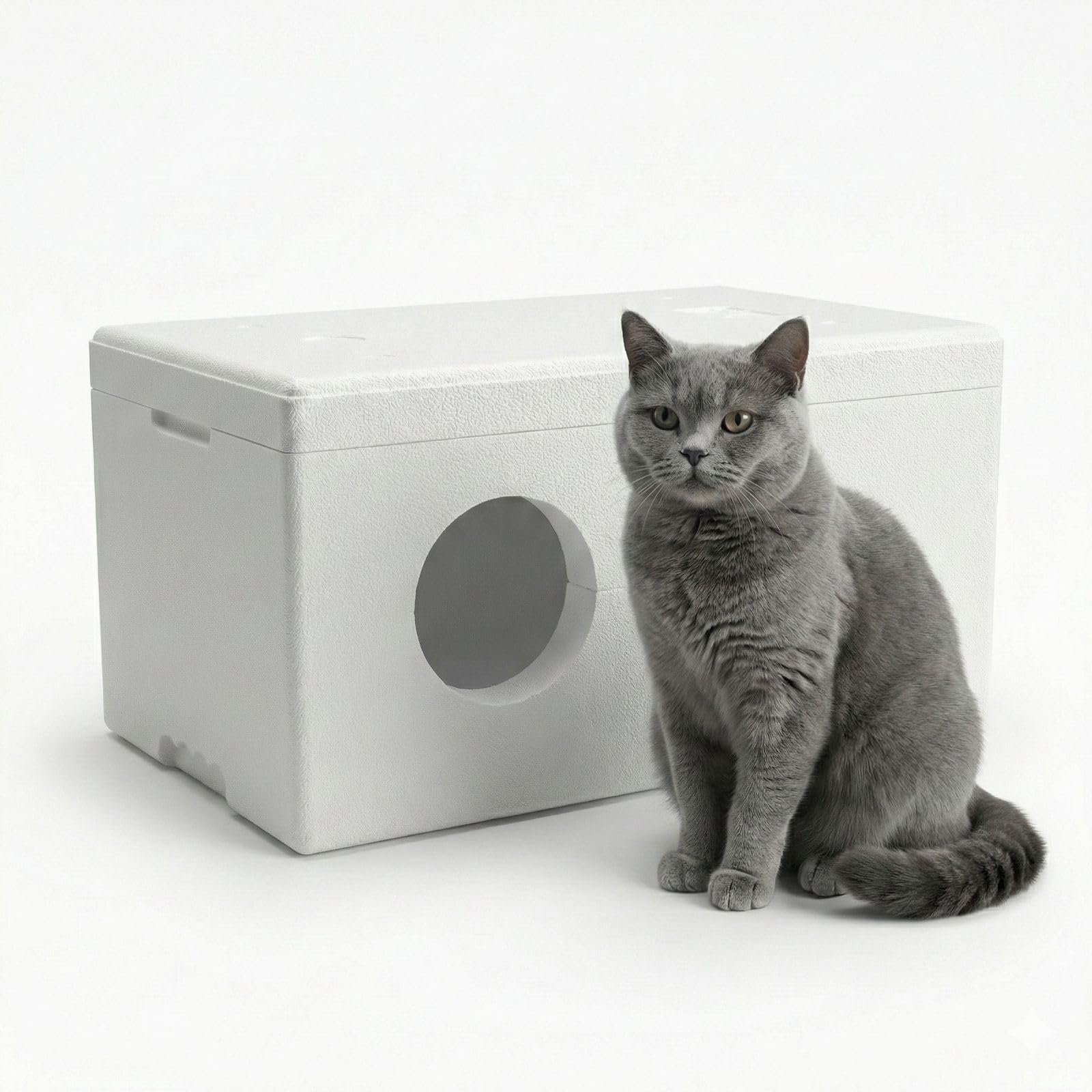 Styropor Katzenhaus für Winter Isoliertes Katzenhäuschen Outdoor (58x38x27cm) – Winterfestes Katzenquartier mit 40mm Wandstärke Wetterfeste Schlafhöhle für Katzen & Streuner – Thermobox Weiß