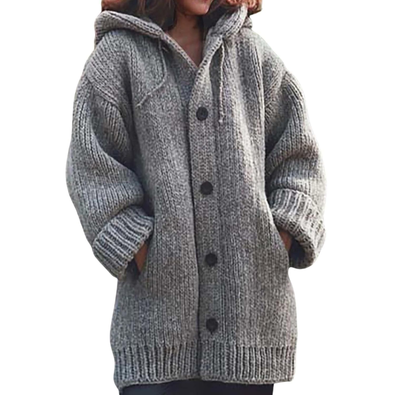 Womens Cable Knit Thick Button Hooded Cardigan Jackets Long Sleeve Chunky Fleece Winter Sweater Coats with Pockets