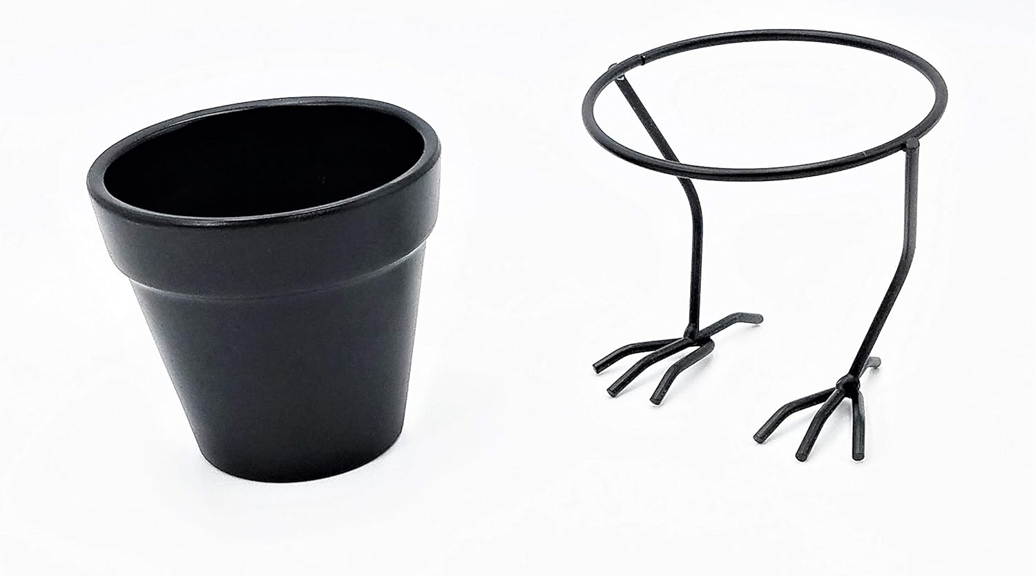 White Flower Pot Succulent Cacti Planter with Metal cast Iron Holder with Bird feet Design (Black)